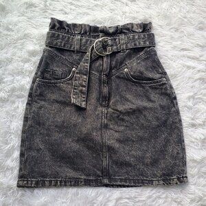 H&M High Waist Acid Washed Denim Charcoal Paper Bag Skirt With Belt